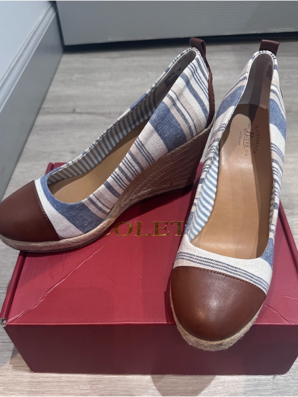 G.H. Bass & Co. Blue and White Striped Espadrille Wedge with Brown Cap Toe